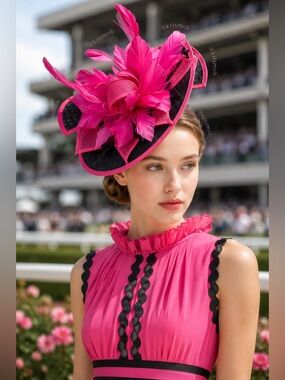 Hot Pink Black Feather Fascinator Hat – Derby, Wedding, or Garden Party Elegance